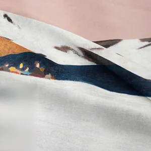 Macro view of Bohemian tapestry fabric showing artistic print and silky texture details