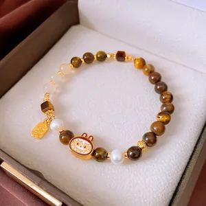 Bracciale Di Perline In Occhio Di Tigre E Künstliche Perle Con Ciondolo Coniglio In Smalto E Placca Fortunata In Rame Stile Retro Per Donna
