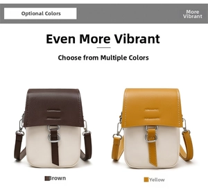 Detail of mini crossbody phone bags in brown and yellow lychee grain PU leather texture