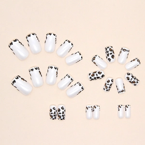 French aurora leopard print press-on nails in pearl white and square round shape