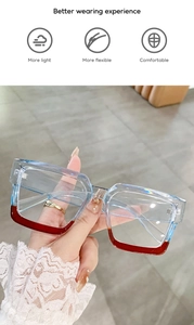 Detail of square glasses with light blue frame and red accents for eye protection