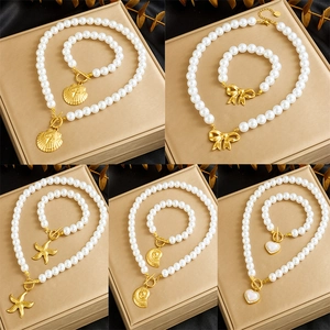 Faux Artificial Pearl Necklace And Bracelet Stainless Steel Gold Plated Shell Starfish Bow Heart Pendant OT Buckle Jewelry Women