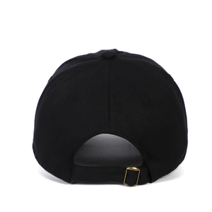 Detail view of cotton baseball cap back with adjustable vintage metal slider buckle