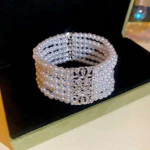 Elegant Multi Layer Artificial Pearl Bracelet Vintage Square Hollow Rhinestone Clasp Wristband For Women Wedding Party Jewelry
