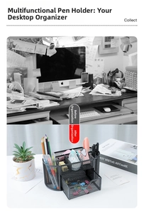 Mesh desk organizer with compartments and drawer shown in before and after comparison
