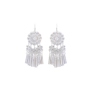 Orecchini etnici Miao in argento con lunghe nappe, motivi floreali e stile vintage retrò