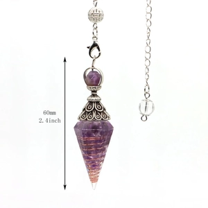 Sechseckiges Amethyst Kristall Pendel mit Kupferspule und Silberkette 60mm Höhe