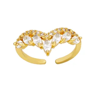 Elegant gold V-shaped adjustable ring with marquise-cut white zircons for women