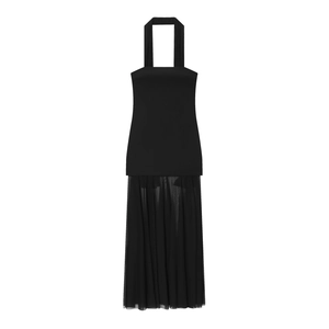 Women Halter Neck Maxi Dress Black Polyester Mesh Patchwork Sleeveless Sheer Elegant Socialite Style