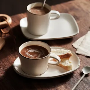 Ceramic Coffee Cup And Saucer Set With Spoon Japanese Retro Style Afternoon Tea Breakfast Matte Cream Brown Rim