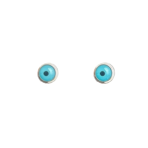 Gothic style evil eye stud earrings featuring blue eyeballs and silver metal trim