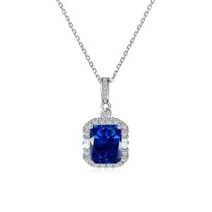 Elegant S925 sterling silver necklace with large rectangular blue stone and white zircons
