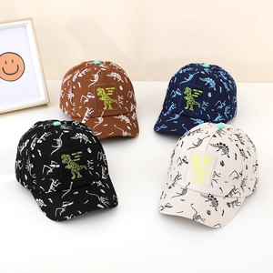 Kids dinosaur print baseball caps in four colors featuring breathable cotton twill fabric