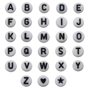 7mm white resin alphabet beads with black letters A-Z and heart icons for DIY jewelry
