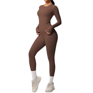 Women's dark brown long-sleeve yoga set with thumb holes and high waist leggings
