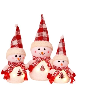 Three-piece set of glowing plush snowman decorations with red plaid hats and LED lights