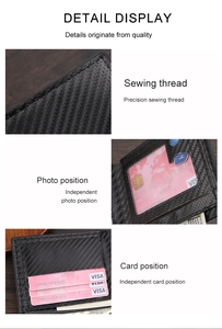 Detail display of carbon fiber wallet showing precision sewing thread and card slots