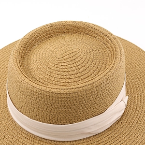 Flat top straw boater hat for women with beige ribbon trim, vintage beach sun hat