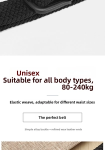 Detail showing elastic black woven belt texture with durable alloy buckle and wax leather end
