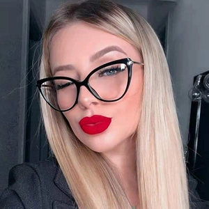 Women's black cat-eye TR90 eyeglasses with metal temples and anti-blue light lenses