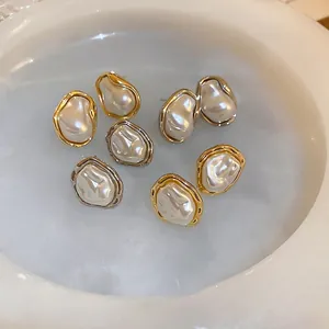Irregular Baroque Imitation Artificial Pearl Stud Earrings Alloy Metal Border Silver Earring Post French Retro Elegant Women