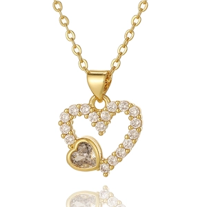 Elegant gold double heart necklace for women featuring sparkling white zircon accents