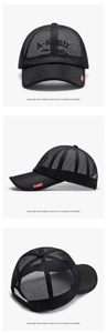 Detailed views of black mesh baseball cap showing embroidery and adjustable strap