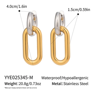 Detailed view of two-tone stainless steel earrings with dimensions and product specifications
