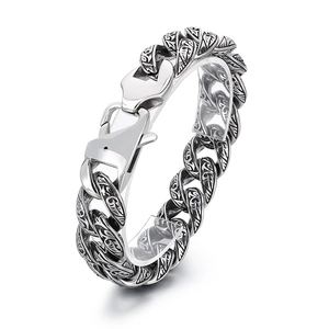 Retro stainless steel Cuban link bracelet for men with vintage floral pattern engraving