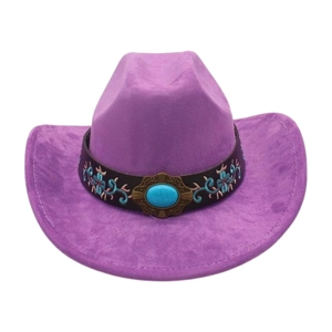 Purple suede cowboy hat with turquoise buckle and floral embroidered ethnic band