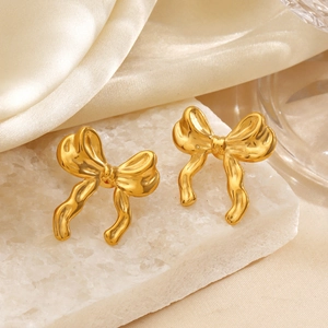 Bowknot Stud Earrings 18K Gold Plated Stainless Steel Ribbon Textured Minimalist Fashion Jewelry For Women