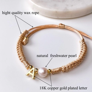 Handmade woven letter A bracelet with natural pearl and 18K gold plated copper pendant