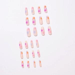 Rainbow sunflower press-on nails set with 24 multi-color floral ballerina coffin shape tips