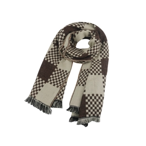 British style checkered faux cashmere scarf in brown and beige with fringe details