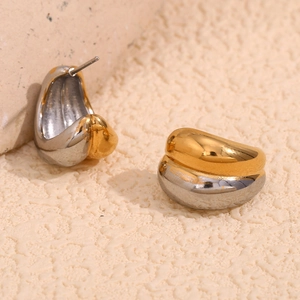 Stainless Steel Stud Earrings 18K Gold Plated Two Tone Geometric Curved Teardrop Minimalist High Polish Women Jewelry