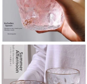 Close-up of pink hammer textured glass with heat-resistant thickened material and smooth rim