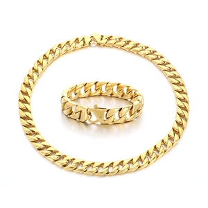 Polished gold 15mm Cuban link necklace and bracelet set for men in stainless steel