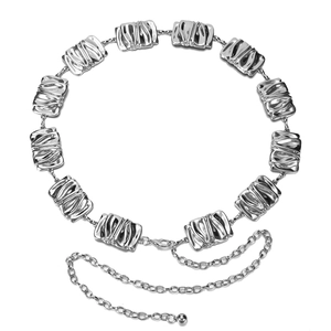 Minimalist silver metal waist chain with textured square links and adjustable clasp for dresses