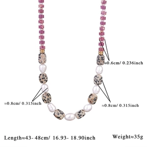Detail view of handmade beaded necklace showing dimensions and purple stone beads