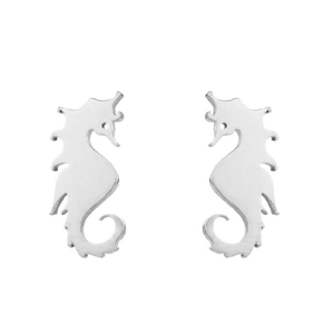 Macro shot of silver seahorse stud earrings in polished stainless steel for women