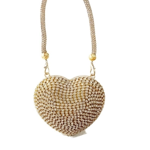 Mini heart-shaped gold clutch evening bag with dense rhinestones and metal mesh strap