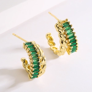 18K gold plated C-shaped hoop earrings with green zircon stones and twisted metal pattern