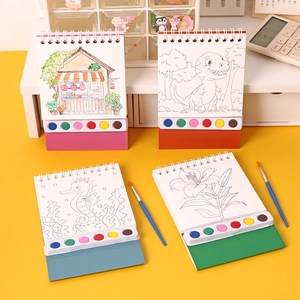 Portable children's watercolor painting book set with 6-color paint and brushes