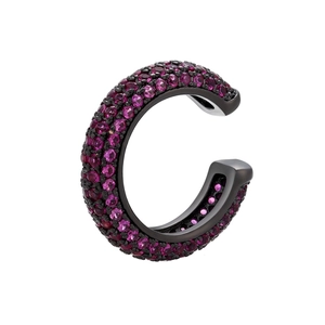 Macro detail of C-shaped ear cuff with pave pink zircons on black plated finish