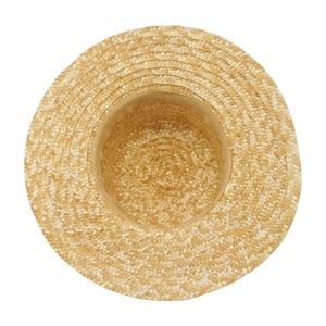 Top-down view of a classic woven wheat straw boater hat with a flat brim for sun protection