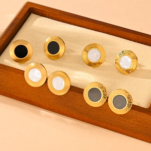 Round Stud Earrings Titanium Steel Shell Inlay Black Enamel Hammered Texture Vintage Minimalist Gold Plated For Women