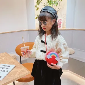 Cute red round kids rainbow crossbody bag with sparkling glitter and cloud design