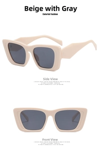 Detailed views of beige square cat-eye sunglasses with grey lenses in various angles