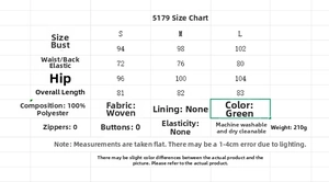 Size chart for green ruffled romper with polyester fabric details and measurements