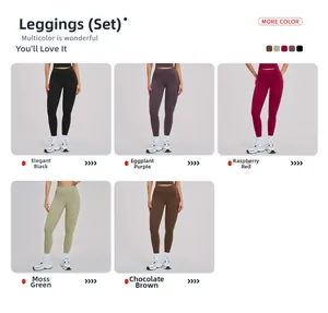 Multiple views of high-waisted yoga pants in black, purple, red, green and brown colors